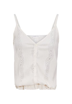 Blouse blanche sans manches avec fines bretelles, bordure en dentelle, boutons à l'avant et taille froncée.