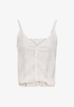 Blouse blanche sans manches avec fines bretelles, bordure en dentelle, boutons à l'avant et taille froncée.