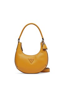 Borsa a mano gialla rotonda realizzata in materiale testurizzato, con un logo prominente, un pon-pon rimovibile e una sottile tracolla.