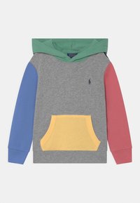 Huppari harmaana, jossa vihreä huppu, siniset ja punaiset hihat. Edessä keltainen tasku ja pieni logo rinnassa. Puuvillasekoitekangas.