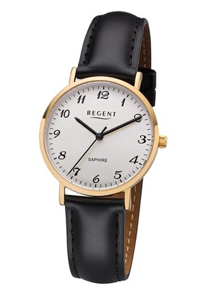 Montre-bracelet classique Regent avec boîtier en or, cadran blanc, chiffres arabes noirs, bracelet en cuir noir et trois aiguilles noires indiquant 10h10 et 36 secondes.