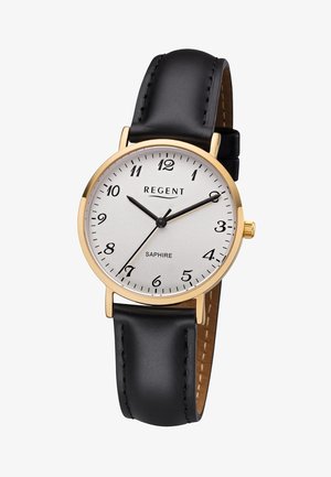 Montre-bracelet classique Regent avec boîtier en or, cadran blanc, chiffres arabes noirs, bracelet en cuir noir et trois aiguilles noires indiquant 10h10 et 36 secondes.