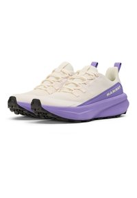 Herensportschoenen in crème en paars. Bovenwerk van ademend materiaal, gewatteerde kraag, flexibele zool en gemêleerde rubberen buitenzool voor grip.