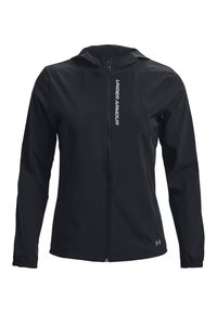 Čierna športová bunda s predným zipsom, kapucňou a elastickými manžetami. Na prednej strane sa nachádza logo Under Armour v bielej farbe a má hladkú textúru.