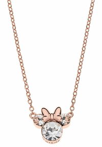 Collier en or rose avec une chaîne. Il comporte trois pierres en cristal transparent et un ornement central en forme de nœud.