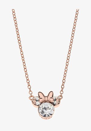 Rosaguld halskæde med kæde. Har tre klare krystalsten og en central udsmykning formet som en sløjfe.