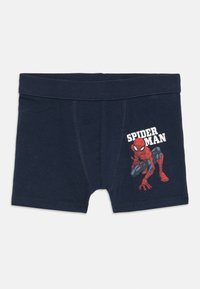 Navy blue children's boxer briefs featuring crouching Spider-Man graphic and "SPIDER MAN" text on right thigh.
