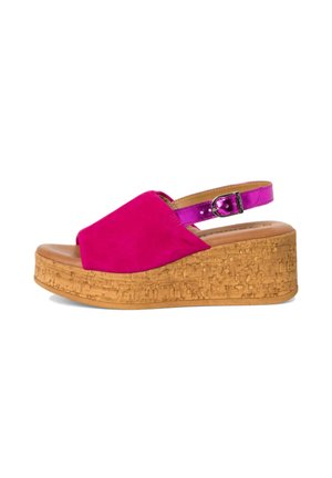 Fuchsia suede wedge sandal with a cork platform, open front, and an adjustable metallic strap. Smooth texture on the upper.