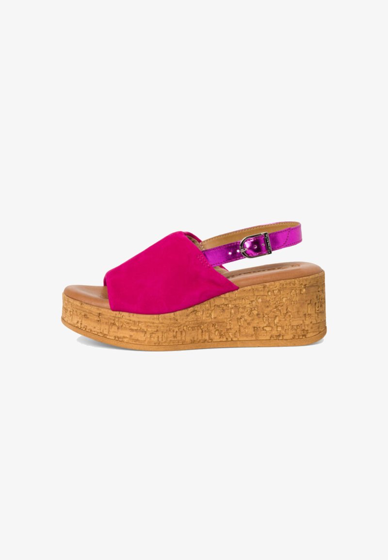 Fuchsia suede wedge sandal with a cork platform, open front, and an adjustable metallic strap. Smooth texture on the upper.