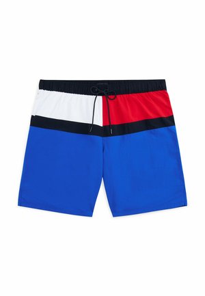 Svøm shorts med snor i taljen, multicolor design med blå, rød, hvid og sort sektioner, glat stof og afslappet pasform.