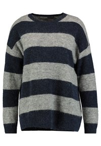 Randig tröja i grå och mörk marinblå ullblandning. Har rund halsringning, långa ärmar och en avslappnad passform med mjukt, texturerat tyg.