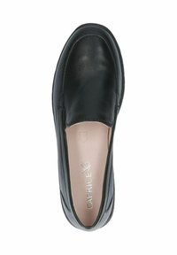 Melnas ādas slip-on kurpes ar gludu virsmu, noapaļotu purngalu un minimālu šuvju detaļu. Iekšpusē ir gaišas krāsas zolīte.