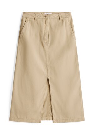 Beige bomullsmixkjol med en framremsa, knäppning och två sidofickor. Mjukt material och rak skärning.