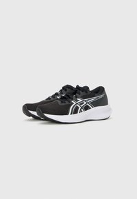 Black athletic shoes with a breathable mesh upper, white accents, and a cushioned sole. Features a lace-up closure and textured outsole.