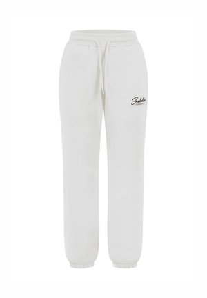 Hvide sweatpants lavet af blødt stof, med elastisk talje og snøre, tapered ben og et lille logo på venstre lår.