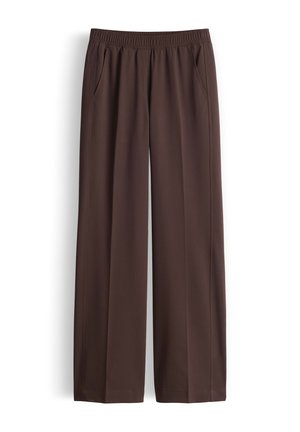 Pantaloni marroni a gamba larga con fascia elastica in vita e tasche laterali, realizzati in tessuto liscio, mostrati su sfondo bianco.