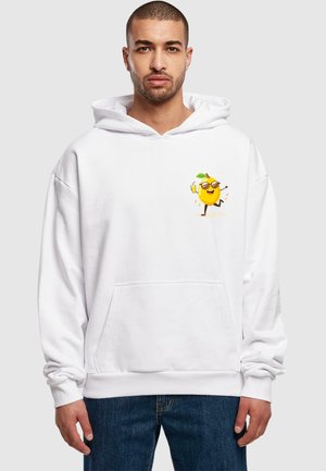 White hoodie made of cotton blend, featuring a yellow cartoon lemon graphic with sunglasses. Includes a front pocket and ribbed cuffs.