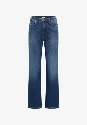 Straight-leg blue denim jeans with front pockets, button and zipper closure, and slight fading on thighs and knees.