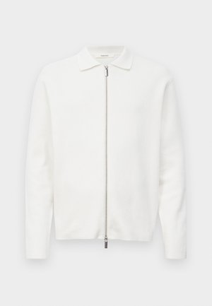 Cardigan bianco con maniche lunghe e zip, dotato di colletto, caratterizzato da una zip frontale argentata e da un design minimalista.