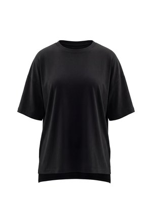 Schlichtes schwarzes Oversized-T-Shirt mit kurzen Ärmeln, Rundhalsausschnitt und etwas längerem Rückensaum.
