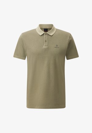 Olive green polo shirt made of cotton, featuring a classic collar, two-button placket, and embroidered logo on the left chest. Smooth texture.
