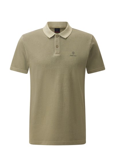 Olive green polo shirt made of cotton, featuring a classic collar, two-button placket, and embroidered logo on the left chest. Smooth texture.
