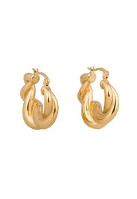 Pendientes de aro dorados con un diseño retorcido, acabado brillante y superficie texturizada. Los pendientes cuentan con un cierre articulado para un uso seguro.