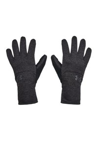 Black athletic gloves made from textured fabric with a smooth black accent on the palm, featuring a subtle logo on the wrist area.