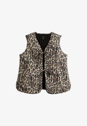 Luipaardprint vest met een gewatteerd ontwerp, voorzien van een V-hals, twee vo pockets en een striksluiting. Zachte stof met een gladde textuur.