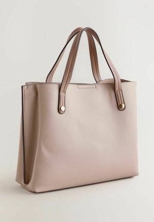 Rosa läderväska med strukturerad yta, dubbla handtag, guldfärgad metallbeslag och en strukturerad form. Inga synliga mönster eller detaljer.