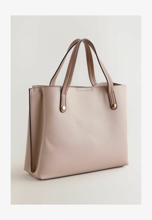 Rosa läderväska med strukturerad yta, dubbla handtag, guldfärgad metallbeslag och en strukturerad form. Inga synliga mönster eller detaljer.