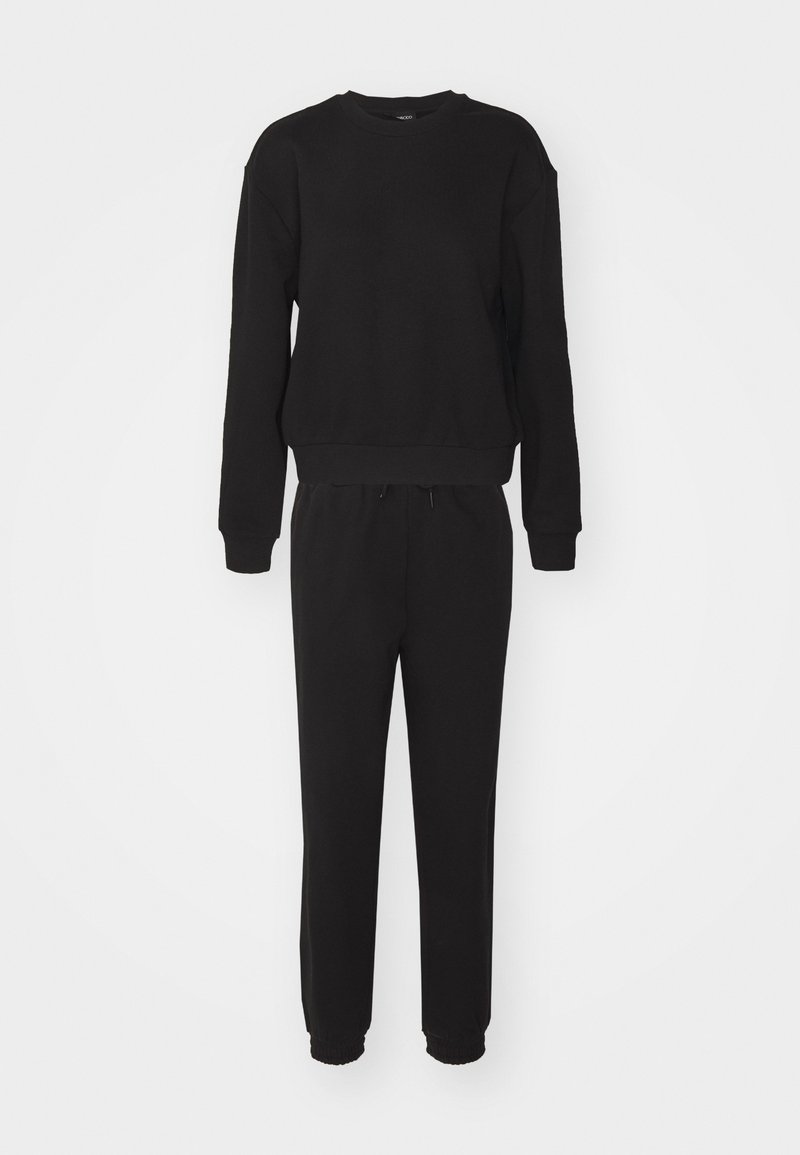 Black sweatshirt and joggers set, featuring a crew neckline, long sleeves, elastic cuffs, and drawstring waistband, all in a smooth fabric.