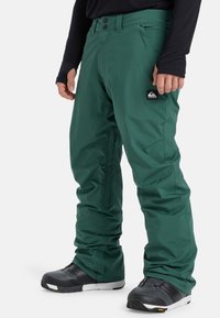 Grüne Schneehosen aus wasserabweisendem Material haben ein gerades Bein-Design, mehrere Taschen und ein kleines Logo-Patch. Sichtbare schwarze Snowboardstiefel.