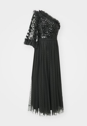 Black evening dress featuring one shoulder design, sequined bodice, tulle skirt with dotted pattern, and ruffled lace accents on the sleeve.