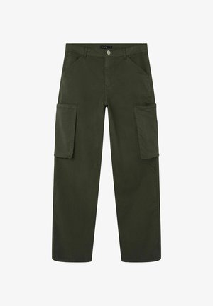 Olivgrüne Cargo-Hosen mit geradem Bein, zwei großen Seitentaschen und einem Knopfverschluss. Hergestellt aus strapazierfähigem Baumwollmaterial.