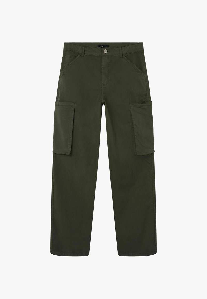 Olivgrüne Cargo-Hosen mit geradem Bein, zwei großen Seitentaschen und einem Knopfverschluss. Hergestellt aus strapazierfähigem Baumwollmaterial.