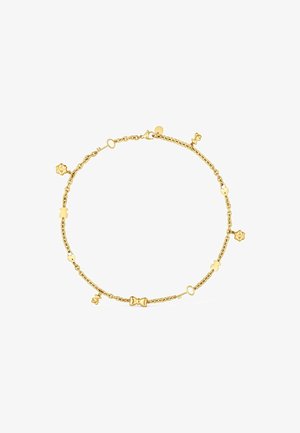 Bracelet délicat en chaîne dorée avec de petits charms comprenant des nœuds, des clés, des cœurs, des fleurs et un ours en peluche répartis uniformément autour.