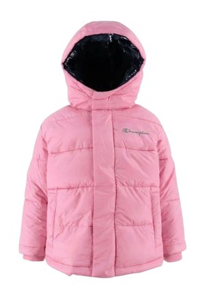 Giacca imbottita rosa con cappuccio, fodera interna nera e discreto logo Champion sul petto, progettata per calore e comfort.