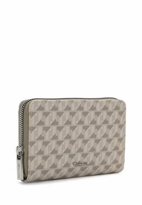 Beige wallet with a geometric pattern, featuring a zip closure and a metal logo accent. Smooth texture and rectangular shape.