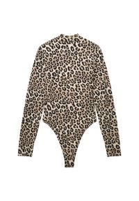 Body aderente a stampa leopardata con maniche lunghe, colletto alto e taglio a perizoma. Il motivo presenta macchie nere su uno sfondo beige. Tessuto morbido.