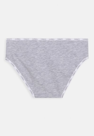 Cueca cinza em algodão com uma textura suave, apresentando uma faixa elástica branca marcada com "LA PERLA" em um padrão repetido.