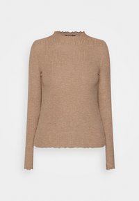 Top lungo a maniche lunghe marrone a costine con collo alto e orlo a onde. Realizzato in un materiale morbido e testurizzato. Silhouette aderente.