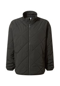 Black quilted jacket with a stand-up collar, zip closure, and elasticized cuffs. Features a diamond pattern and smooth texture.