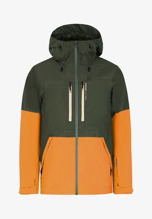 Tweekleurige jas met een donkergroen bovenstuk en een feloranje onderstuk. Beschikt over een capuchon, ritssluitingen en geventileerde ontwerpelementen.