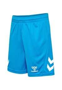 Blå atletikshorts med elastisk talje, hvide vinkellinjer på siderne og hvid Hummel-logo på højre forreste ben.