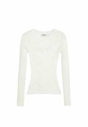 Biely rebrovaný priliehavý sveter s dlhými rukávmi, okrúhlym výstrihom a jemným tónovaným logom na hrudi od značky Desigual.