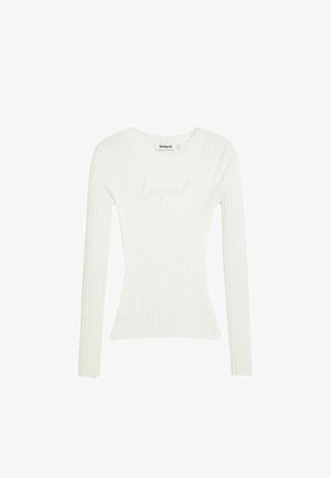 Pulover alb cu dungi, cu mâneci lungi și croială mulată, cu decolteu rotund și un logo tonal subtil pe piept de la Desigual.