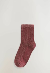 Pojedyncza bordowa skarpetka prążkowana z subtelnym metalicznym połyskiem, prezentowana na jasnym tle.