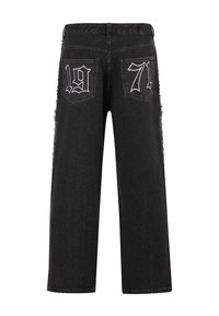 Black denim wide-leg jeans featuring two back pockets with white “1971” embroidery, frayed edges, and a mid-rise waistband.