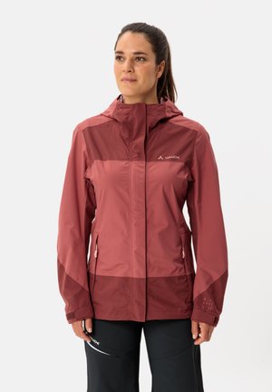 Red and burgundy waterproof jacket with a hood, zippered pockets, and a smooth texture. Features a logo on the left chest and sleeve.